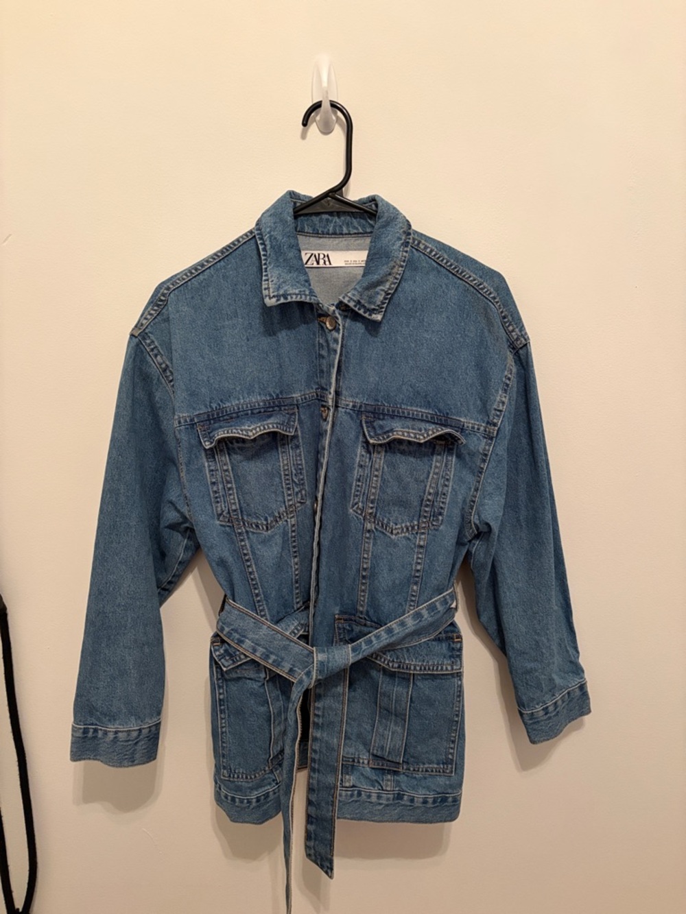 Zara Blue Denim Belted Jacket with Front Flap Pockets